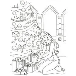 Desenho de Princess Aurora abrindo presentes de Natal para colorir