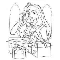 Desenho de Princess Aurora abrindo presentes para colorir