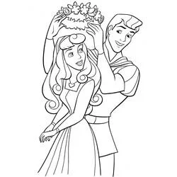 Desenho de Princess Aurora com o Príncipe Philip colocando uma coroa de flores para colorir