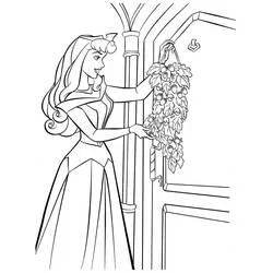 Desenho de Princess Aurora pendurando uma guirlanda de bagas para colorir