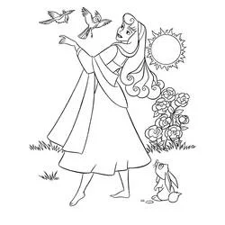 Desenho de Princess Aurora dançando com seus amigos da floresta para colorir
