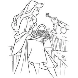 Desenho de Princess Aurora recebendo uma rosa de um coelho para colorir