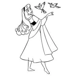 Desenho de Princess Aurora estendendo a mão para dois pássaros para colorir