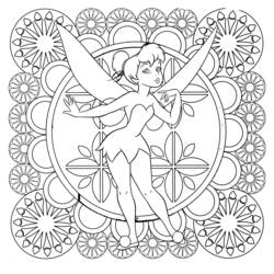 Desenho de Tinker Bell dançando sobre um fundo mandala para colorir