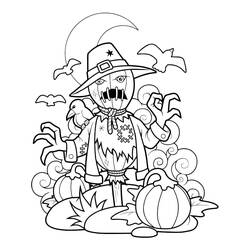 Desenho de Espantalho rodeado de abóboras na noite de Halloween para colorir Desenho de Espantalho rodeado de abóboras na noite de Halloween para colorir