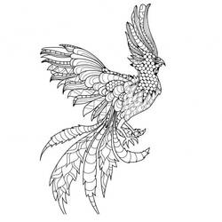 Desenho de Fênix com penas detalhadas em pleno voo para colorir