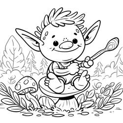 Desenho de Goblin sentado sobre um cogumelo com uma colher para colorir