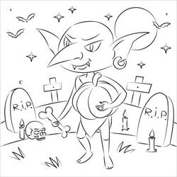 Desenho de Goblin em um cemitério de Halloween para colorir