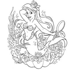 Desenho de Sereia com espelho junto aos corais para colorir