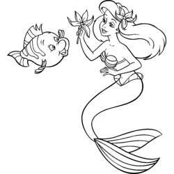 Desenho de Sereia Ariel mostrando uma estrela-do-mar a um peixe para colorir