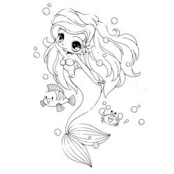 Desenho de Sereia chibi com peixe e caranguejo para colorir