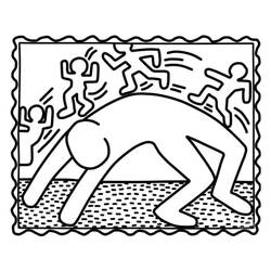 Desenho de Keith Haring figura curvada rodeada de pessoas dançando para colorir