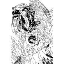 Desenho de Ghost Rider salvando uma mulher em sua moto para colorir