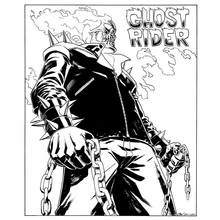 Desenho de Ghost Rider de pé com caveira em chamas e correntes para colorir