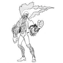Desenho de Ghost Rider com caveira em chamas e braço cibernético para colorir