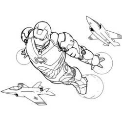 Desenho de Homem de Ferro voando junto a caças para colorir
