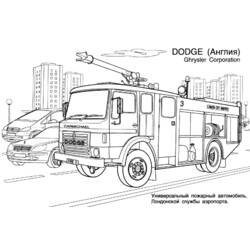 Desenho de Caminhão de bombeiros estacionado numa rua da cidade para colorir