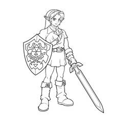 Desenho de Zelda em pé com espada e escudo para colorir