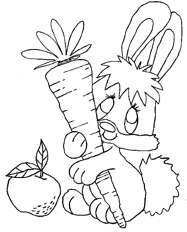 Desenho de Coelho segurando uma cenoura gigante para colorir