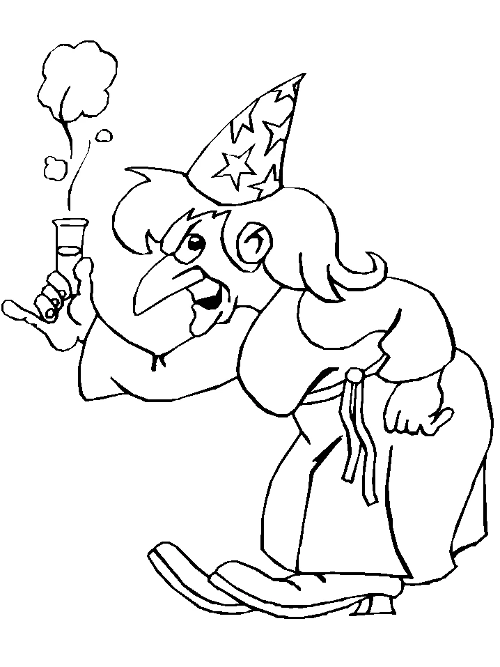Desenho de Mágico segurando um frasco fumegante para colorir
