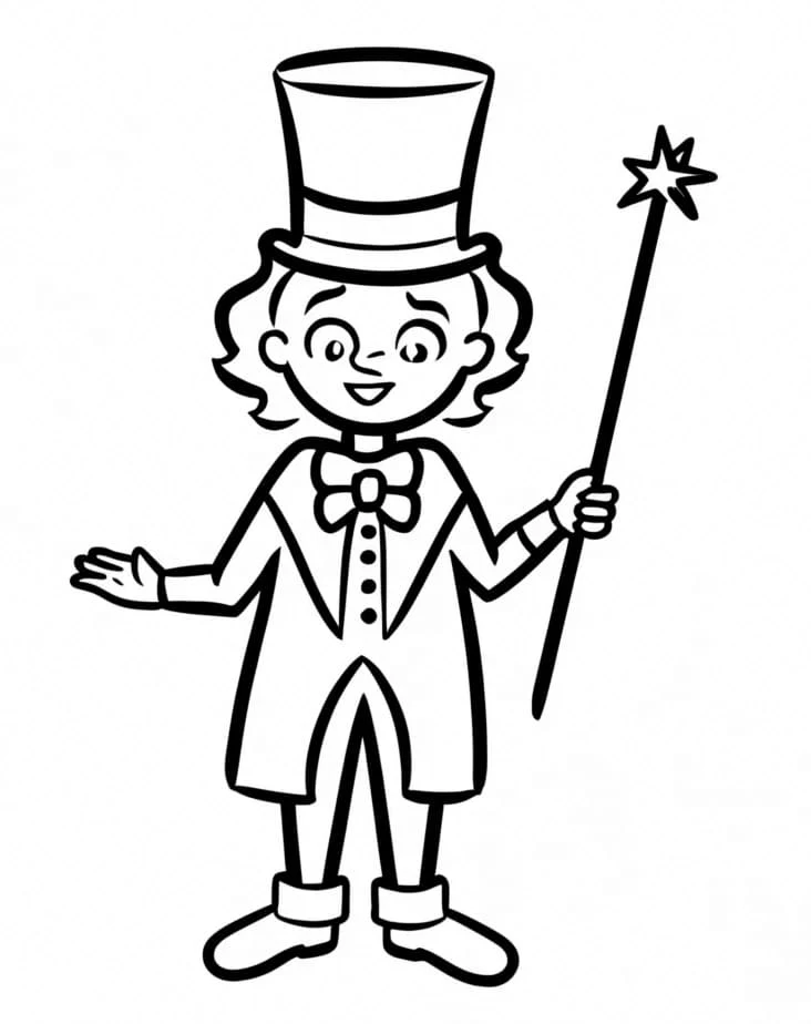 Desenho de Mágico com cartola e varinha mágica para colorir