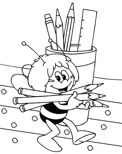 Desenho de A Abelha Maia carregando lápis de cor para colorir