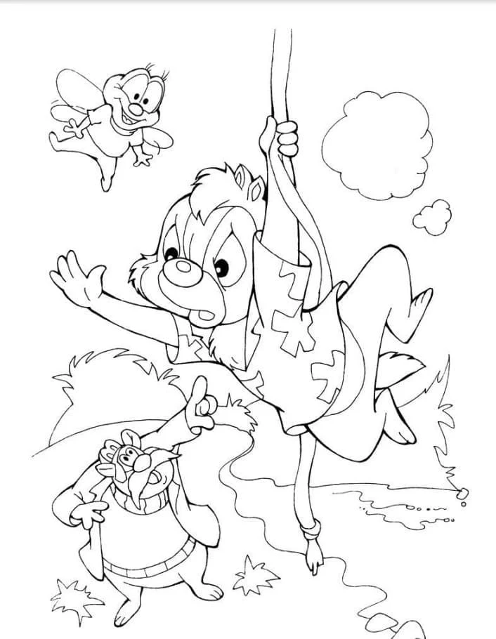 Desenho de Chip e Dale balançando em um cipó para colorir
