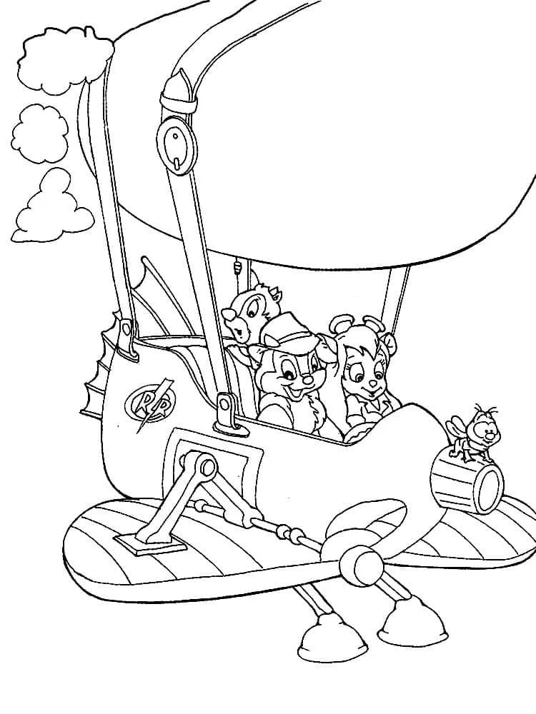 Desenho de Chip e Dale num balão avião para colorir
