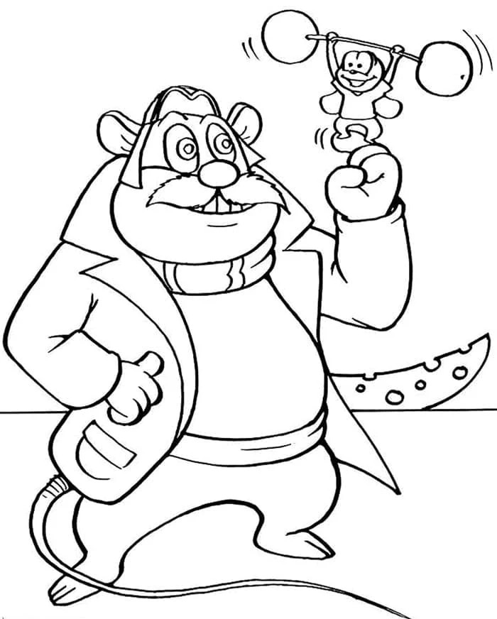 Desenho de Rato musculoso levantando um pequeno halterofilista para colorir