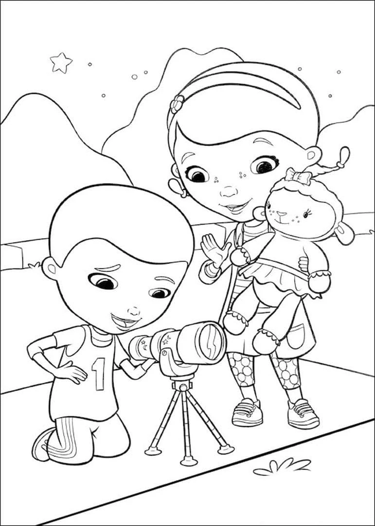 Desenho de Doc McStuffins observando o céu com um telescópio e amigos para colorir Desenho de Doc McStuffins observando o céu com um telescópio e amigos para colorir