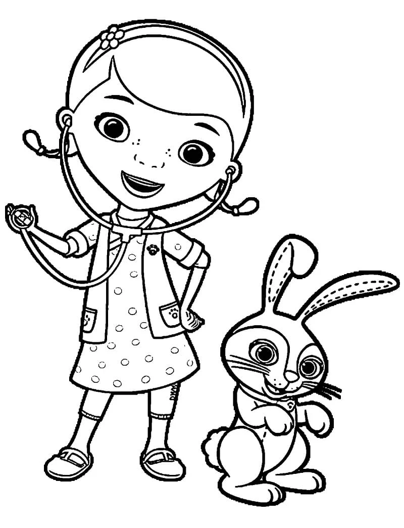Desenho de Doc McStuffins com seu estetoscópio e seu coelho para colorir Desenho de Doc McStuffins com seu estetoscópio e seu coelho para colorir