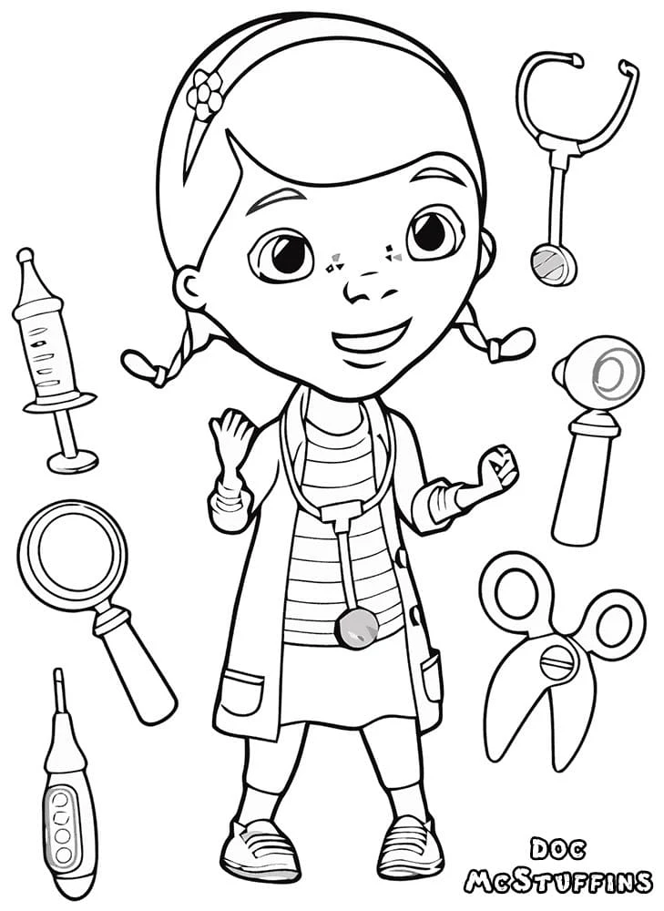 Desenho de Doc McStuffins rodeada de instrumentos médicos para colorir