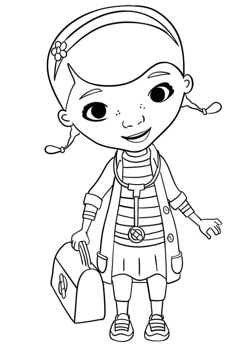 Desenho de Doc McStuffins em pé com sua maleta médica para colorir