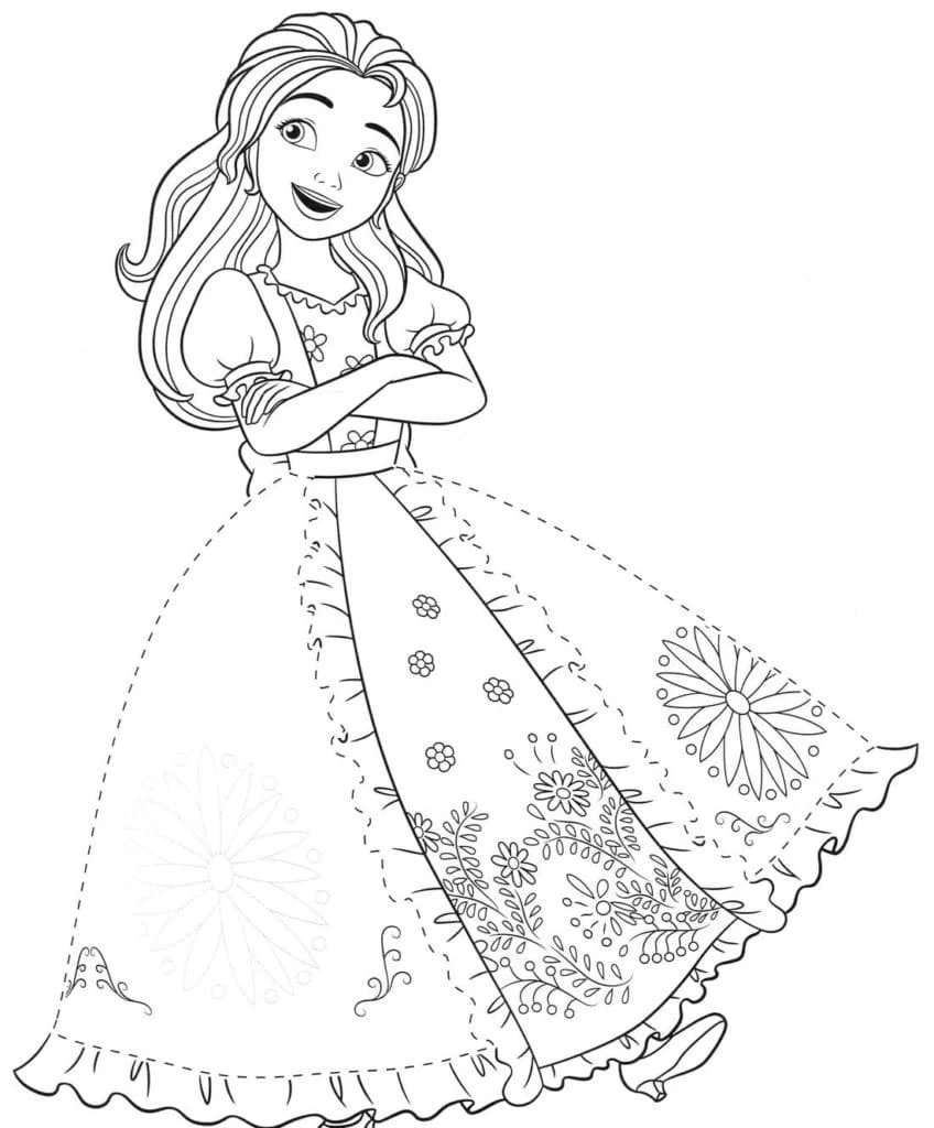 Desenho de Isabel de Elena de Avalor com vestido de gala floral para colorir Desenho de Isabel de Elena de Avalor com vestido de gala floral para colorir