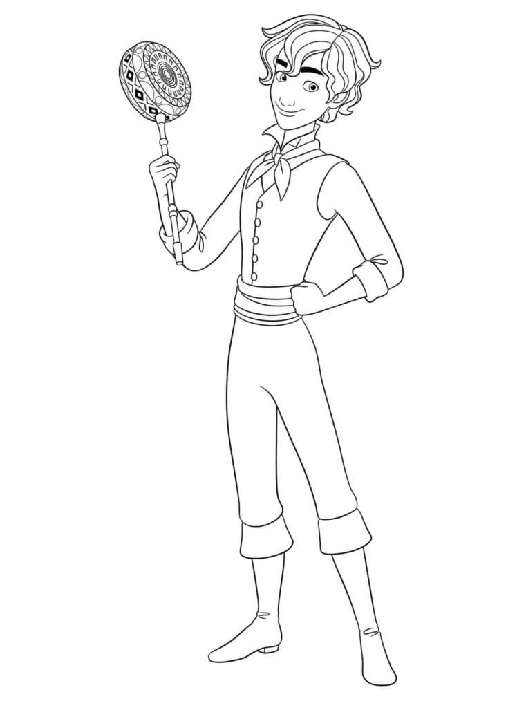 Desenho de Mateo segurando seu pandeiro musical para colorir
