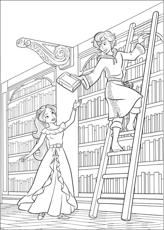 Desenho de Elena de Avalor na biblioteca com um amigo para colorir