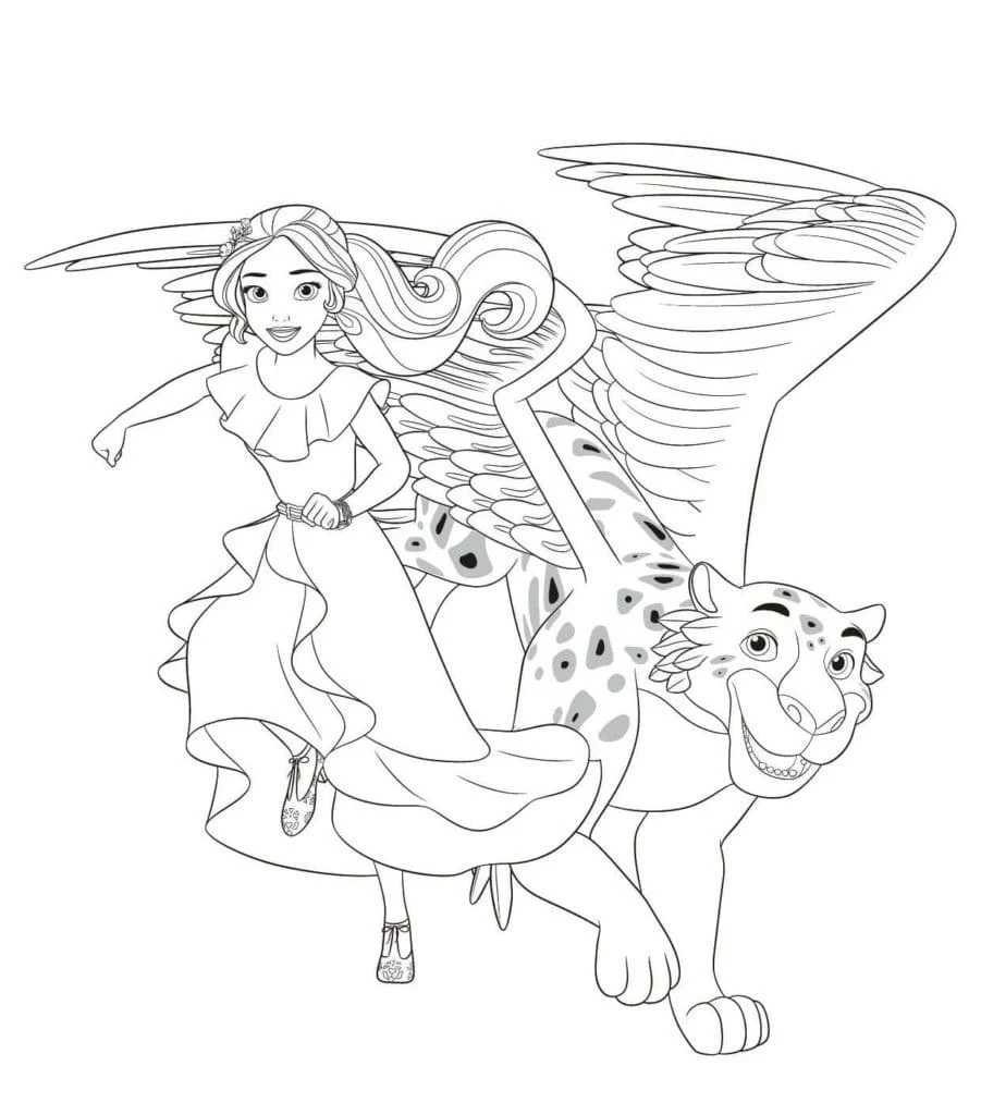 Desenho de Elena de Avalor voando com um jaguar alado para colorir