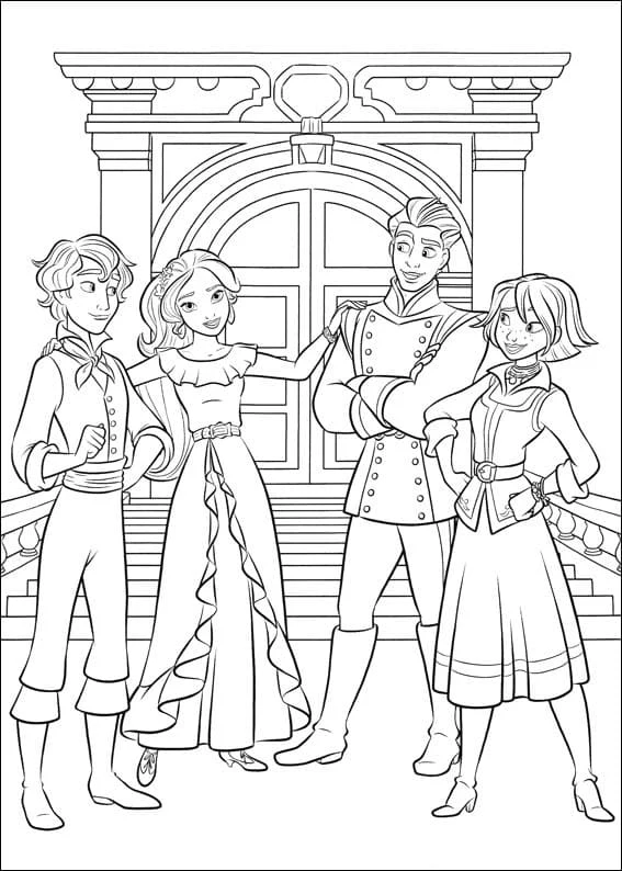 Desenho de Elena de Avalor com seus amigos diante da porta do palácio para colorir Desenho de Elena de Avalor com seus amigos diante da porta do palácio para colorir