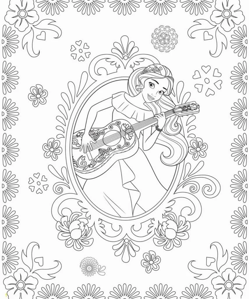 Desenho de Elena de Avalor tocando violão numa moldura floral para colorir