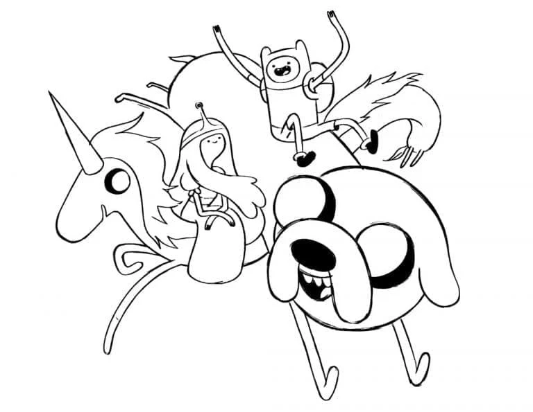 Desenho de Finn, Jake e a Princesa Jujuba sobre Lady Rainicorn para colorir