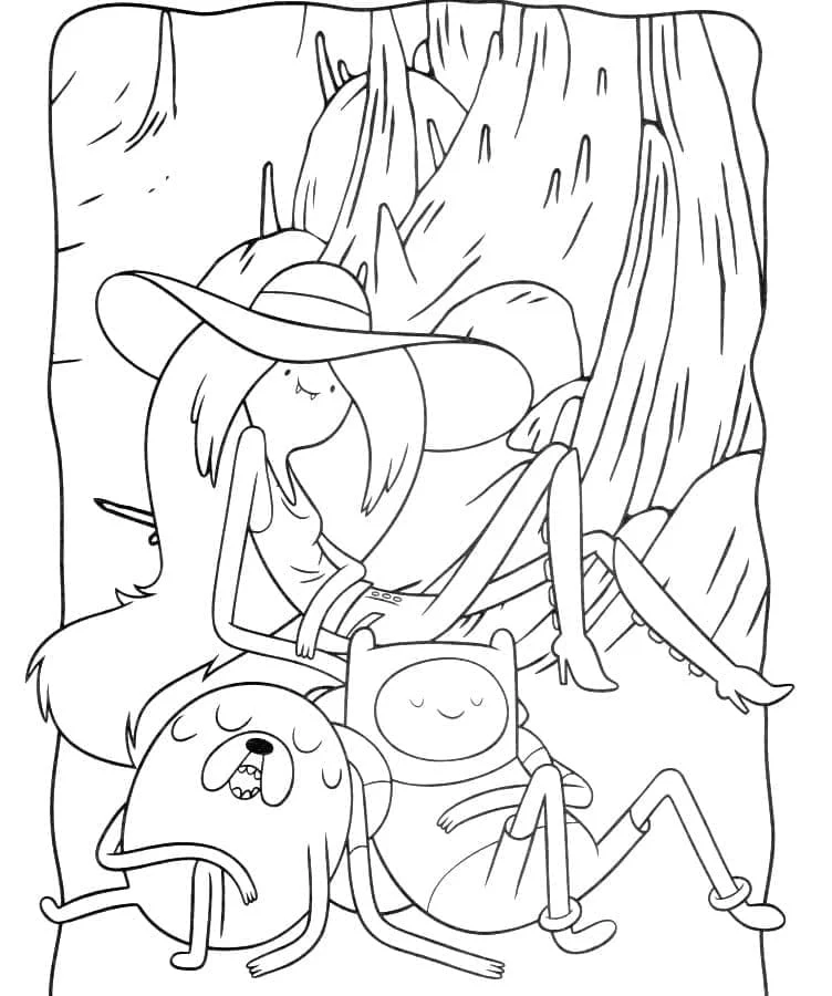 Desenho de Finn, Jake e Marceline descansando juntos para colorir