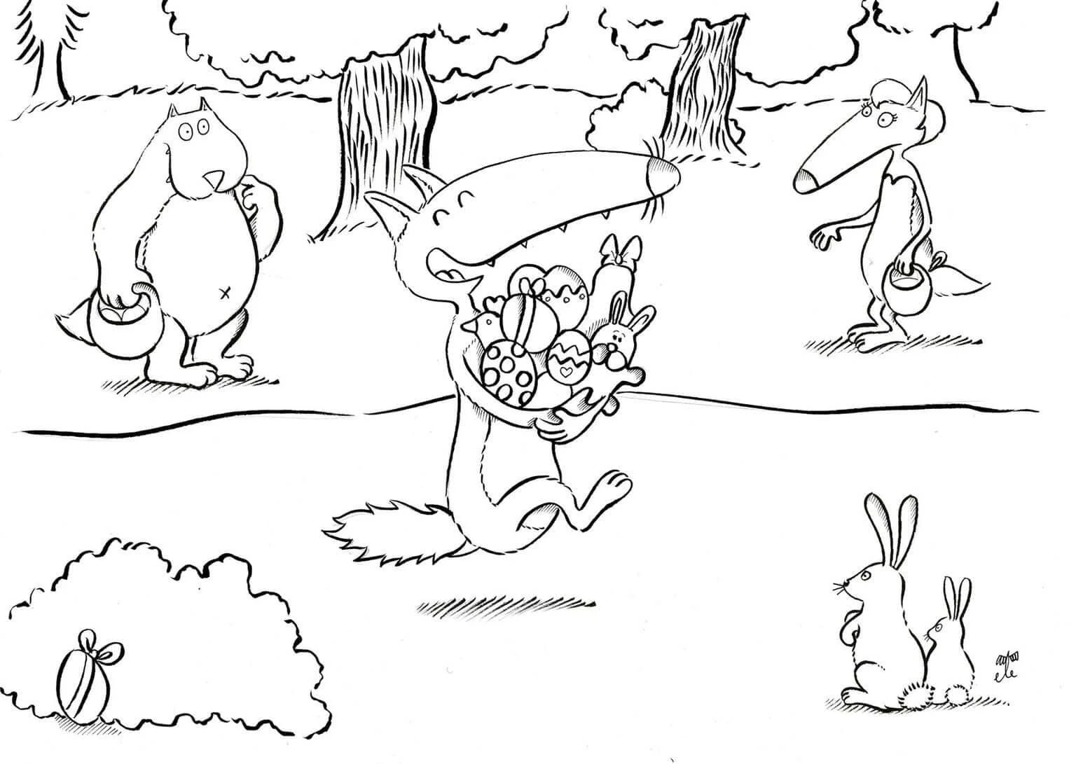 Desenho de Lobo Auzou carregando ovos de Páscoa na floresta para colorir