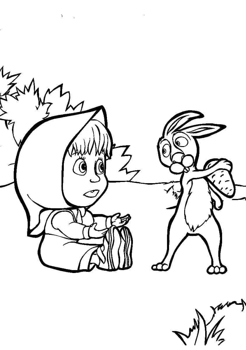 Desenho de Masha encontrando um coelho na floresta para colorir Desenho de Masha encontrando um coelho na floresta para colorir