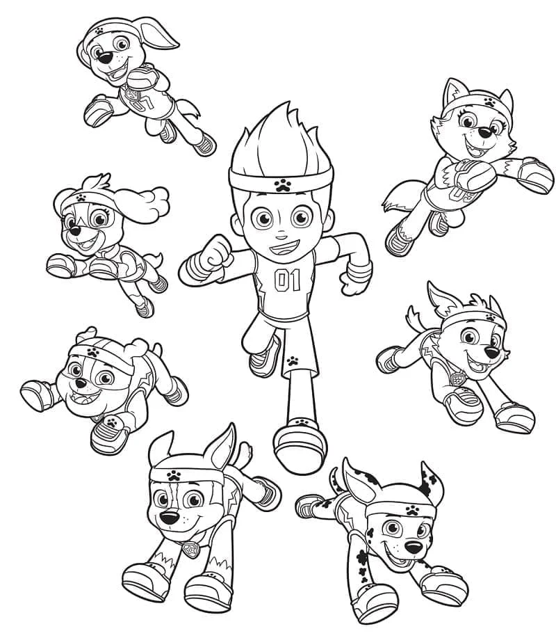 Desenho de Paw Patrol Ryder e sua equipe de filhotes em poses de ação para colorir