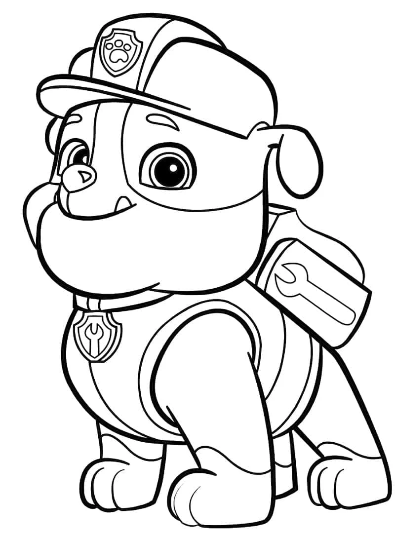 Desenho de Rubble do Paw Patrol sentado com sua mochila de ferramentas para colorir Desenho de Rubble do Paw Patrol sentado com sua mochila de ferramentas para colorir