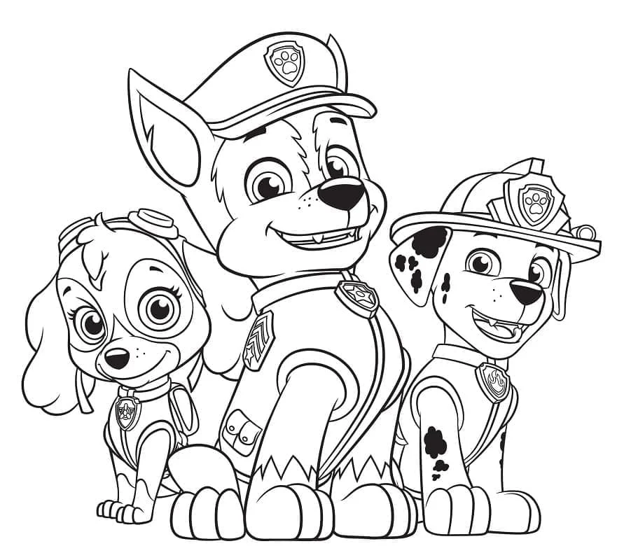 Desenho de Skye, Chase e Marshall sentados juntos para colorir Desenho de Skye, Chase e Marshall sentados juntos para colorir