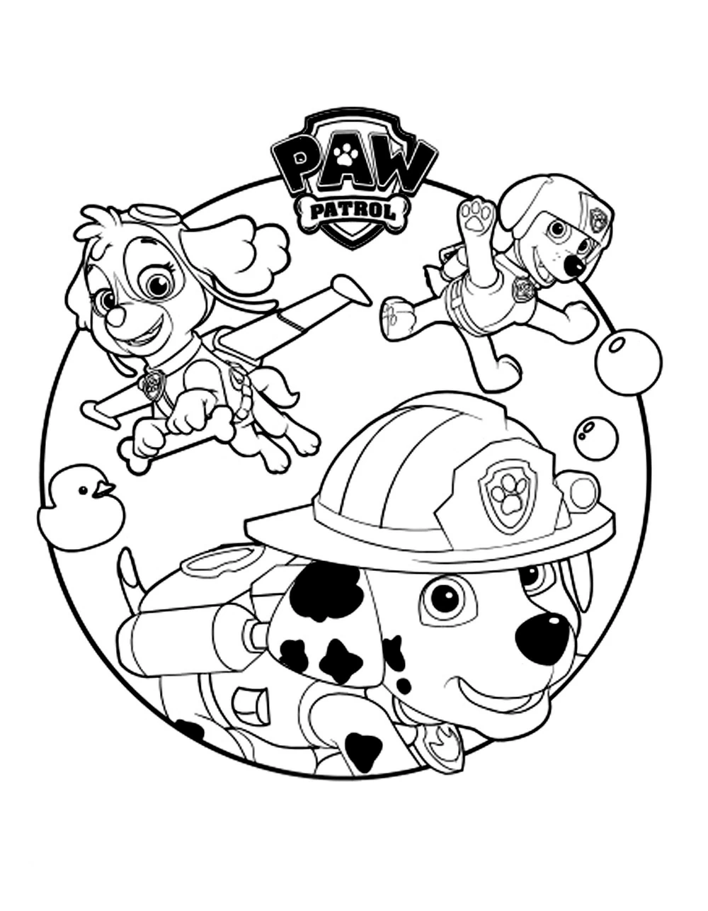 Desenho de Paw Patrol: Skye, Zuma e Marshall em ação para colorir