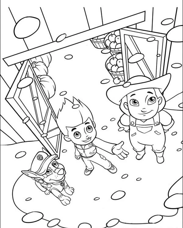 Desenho de Paw Patrol Ryder e um fazendeiro no celeiro para colorir