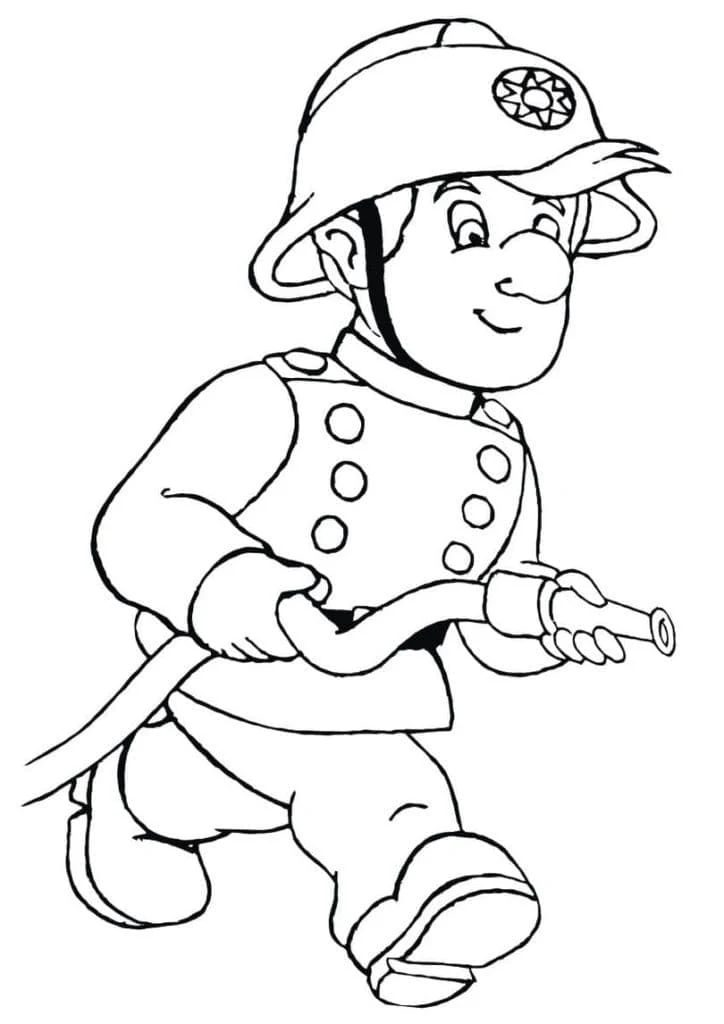 Desenho de Sam o Bombeiro correndo com uma mangueira para colorir Desenho de Sam o Bombeiro correndo com uma mangueira para colorir
