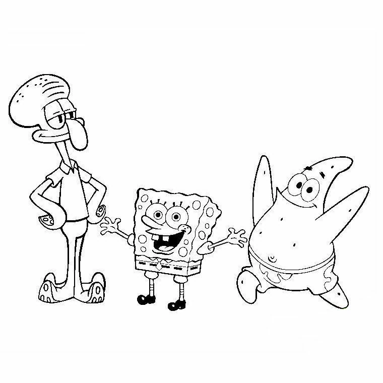 Desenho de SpongeBob SquarePants com Lula Molusco e Patrick para colorir